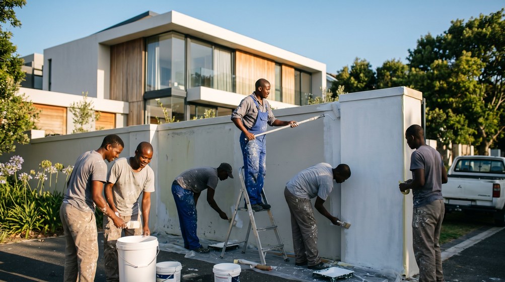 Professional team painting a boundary wall at a modern home in Bishopscourt