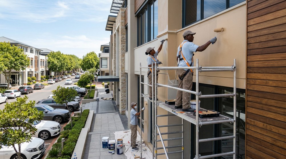 Professional commercial painters on scaffolding painting a building on the Southern Suburbs