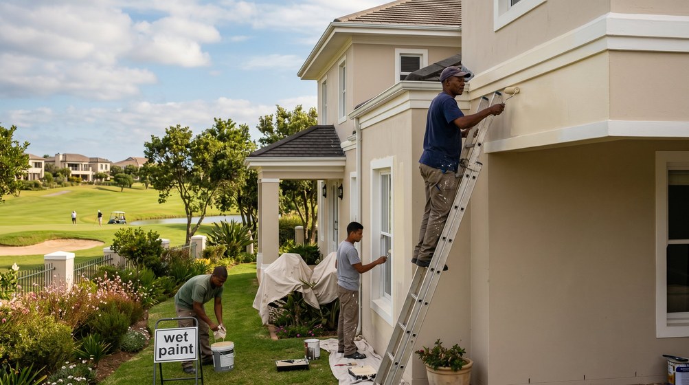 Professional estate painters painting a luxury golf estate home on the Southern Suburbs