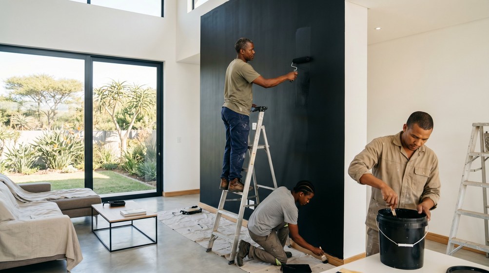 Professional painters creating a bold black feature wall in a modern Bishopscourt home