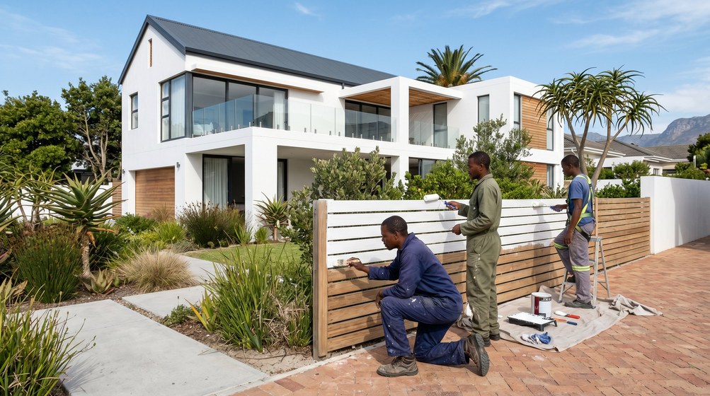 Professional fence painters painting a wooden fence at a coastal home in Bishopscourt