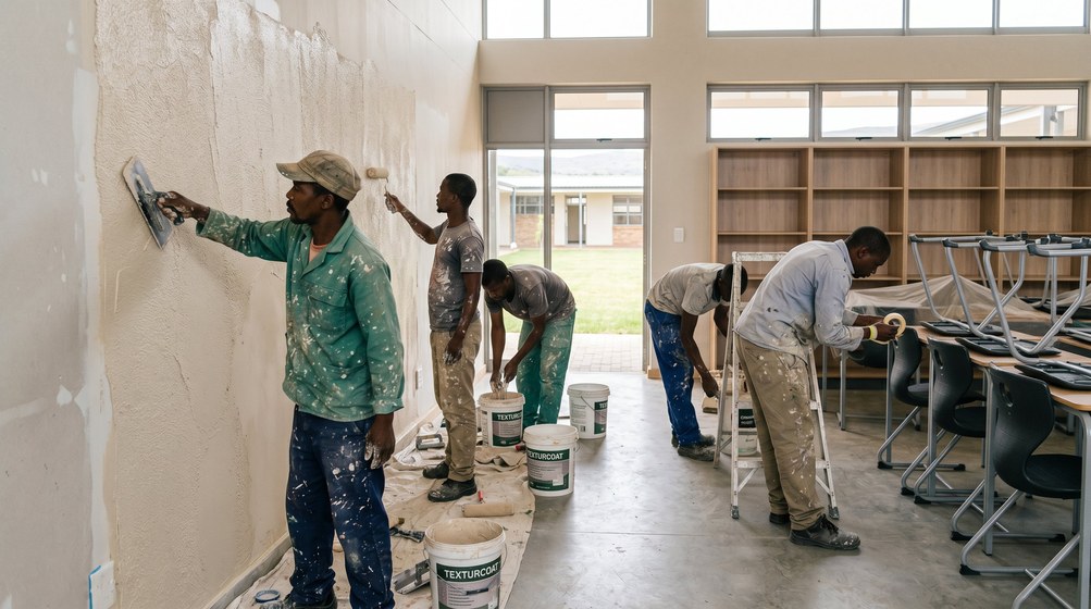 Professional texture coating team applying Texturcoat to interior walls in Bishopscourt