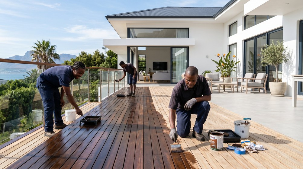 Professional wood staining team applying deck stain overlooking the ocean in Bishopscourt
